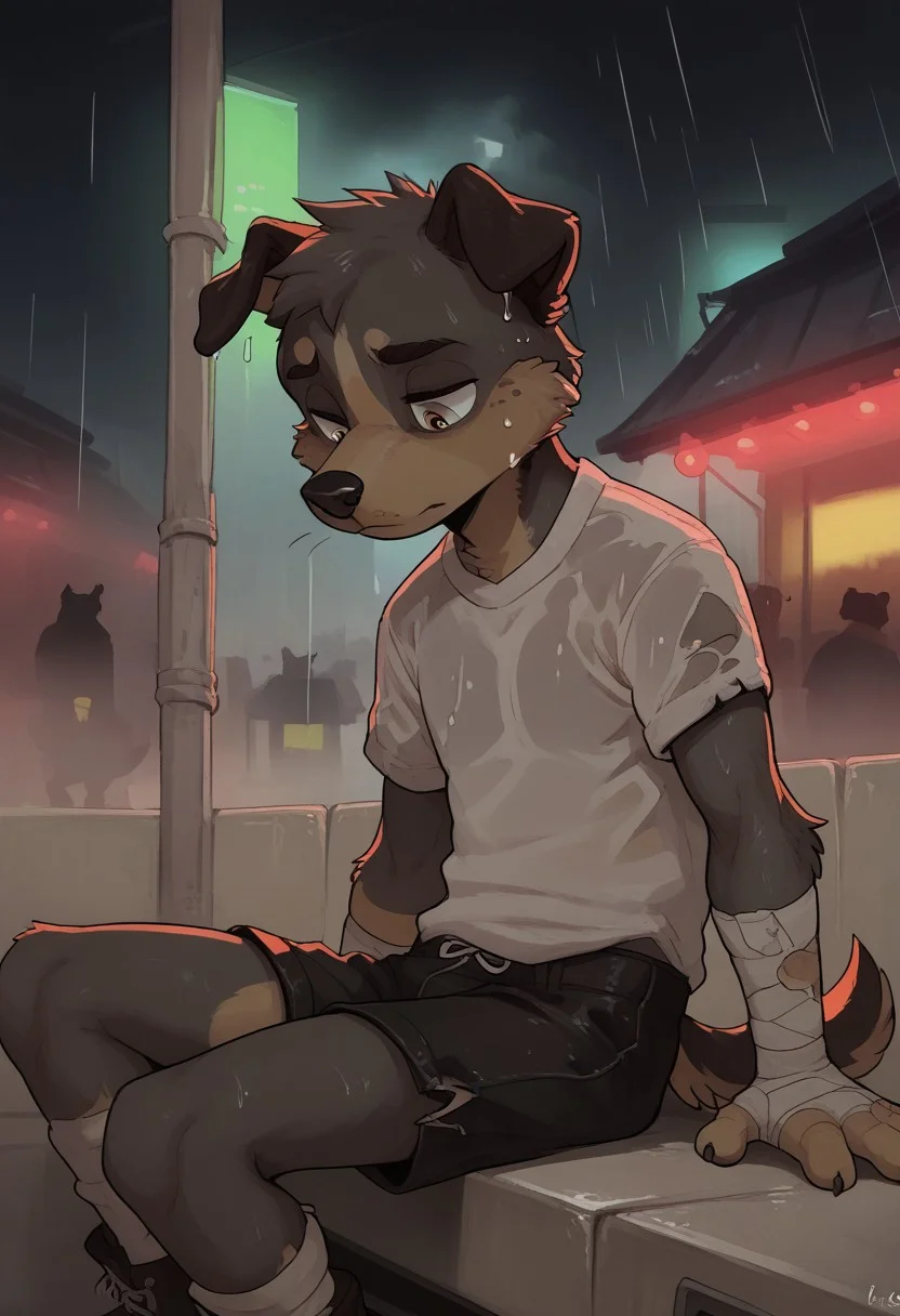 (easynegative:0.2 ) boy, dog, furry, anthro, young, two-tone body,
grey body, side view, torn clothes, shorts, grey t shirt, sitting on ladder, bandage on the arm, wet, sad face looking down, night, city, , homeless, solo, rain, ,shuuko, light colors, bright colours, cute,