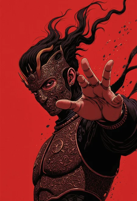 Hand Up stance, Fight stance, Action Pose, action scene, floating particles, high Budget Anime sequence, S1n0z1ck style, extreme Closeup of an retro art Ninja, flat color two toned in red and white, resembling a mushroom syberian masked intricate designed haitian Warrior in Relief high collar metal armor, cinematic lighting, insane details, hyperrealistic extreme closeup macro photography, 64 megapixel DSLR