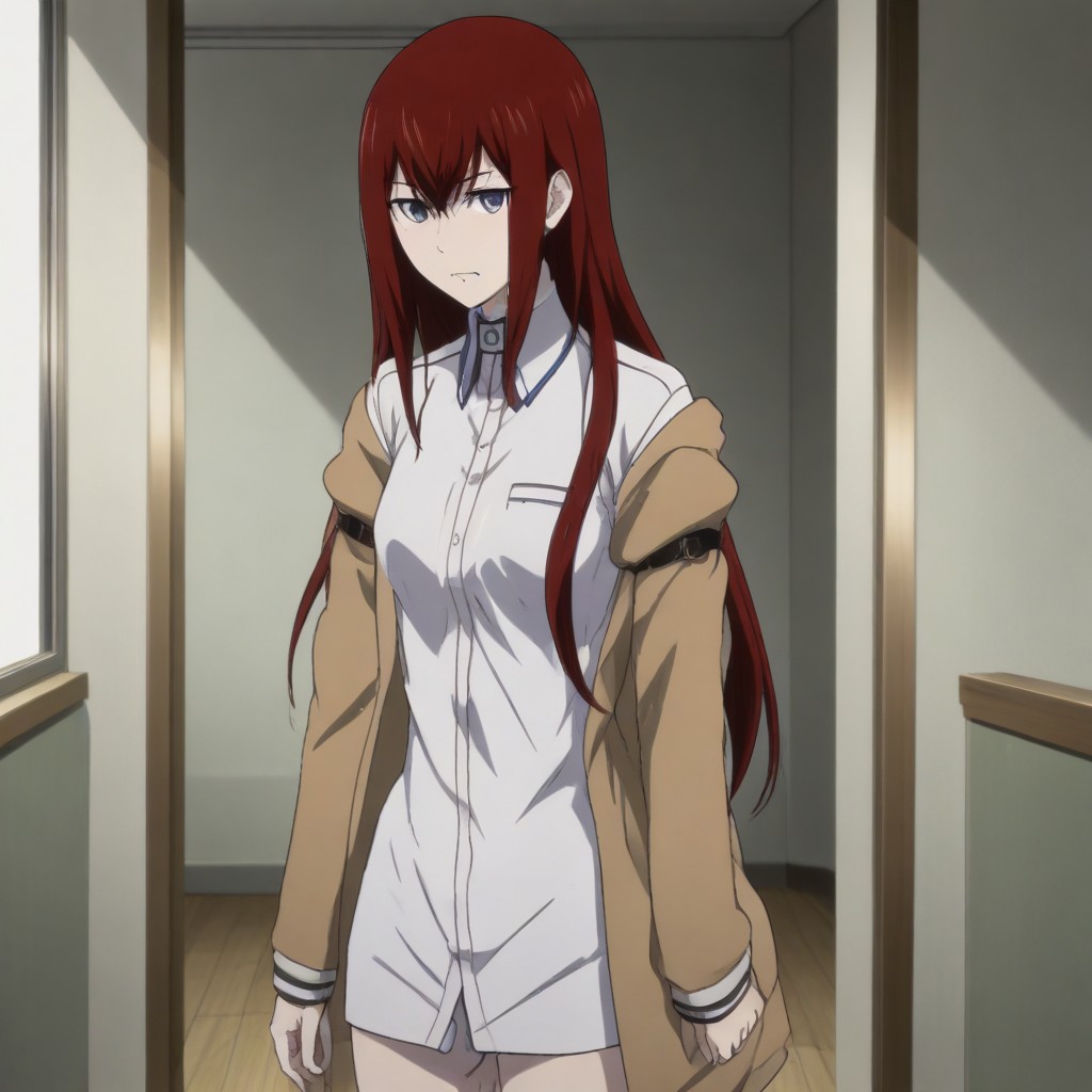 A naughty image of Makise Kurisu standing indoors leaning forward showing cleavage , lab room , partially removed white dress , red hair , jacket , shorts , full-body view
