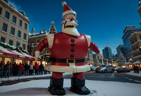 score_9, score_8_up, score_7_up, a Crazy Robotic Santa Claus rider of wild robo Motorcicle, Christmad techo city background