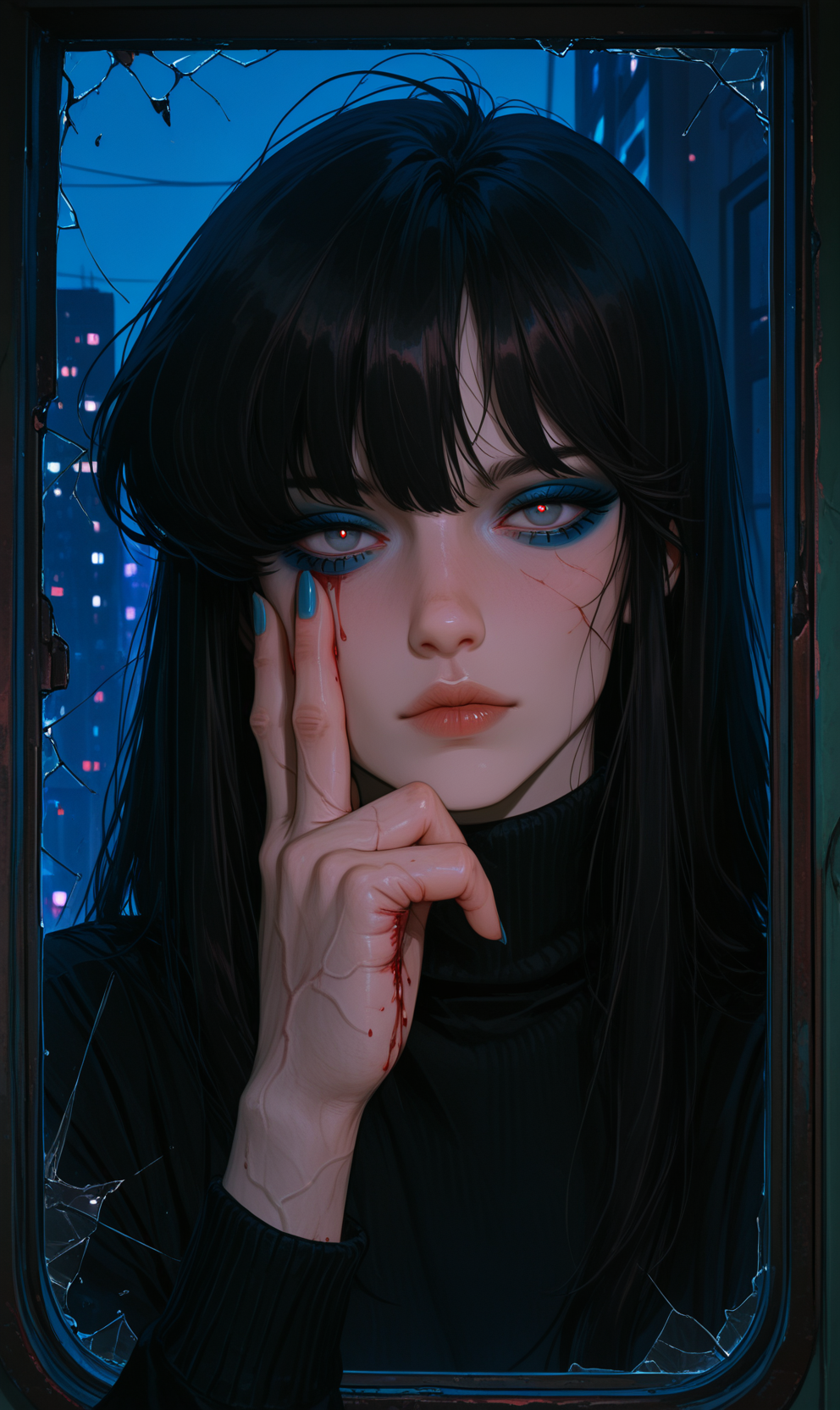 (masterpiece), (best quality), (ultra-detailed), (anime style), solo, portrait, dark hair, lips, seductive, blue eyeliner, beautiful detailed face, sexy woman, night, city background, Semi-realism, 1980s vibe, long hair, gloomy, expressionless, dismal, pale skin, black latex turtleneck sweater, Asian face, luxe eyeliner, drama eyeliner, blue around eyes, gaze, nail polish, one hand on face, looking at viewer, eyes between fingers, crazy gaze, sharp eyes, broken window, broken glass, bleeding hand, visible veins on the hand, tear falls from her eye, hand blood mark on window, indoors, 