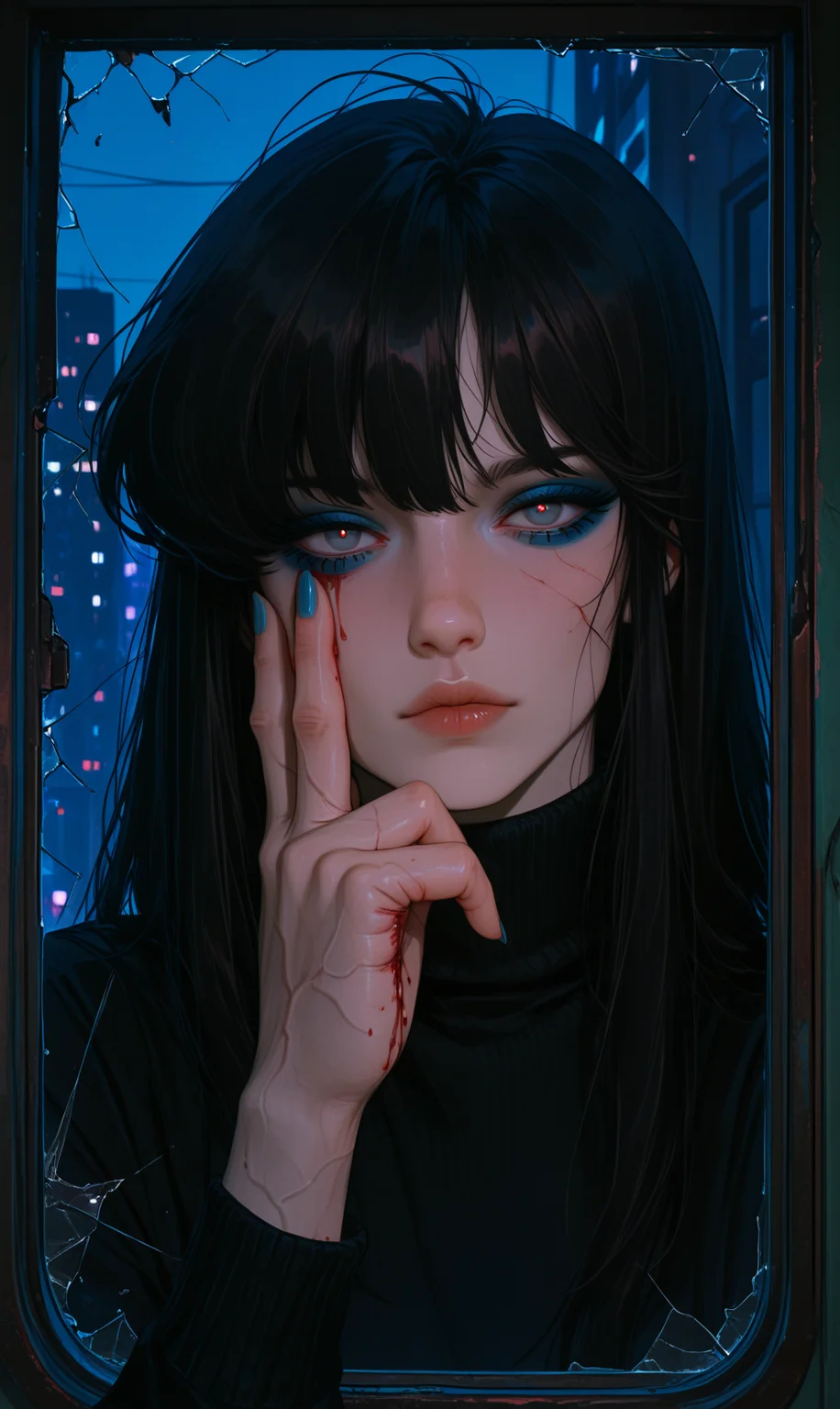 (masterpiece), (best quality), (ultra-detailed), (anime style), solo, portrait, dark hair, lips, seductive, blue eyeliner, beautiful detailed face, sexy woman, night, city background, Semi-realism, 1980s vibe, long hair, gloomy, expressionless, dismal, pale skin, black latex turtleneck sweater, Asian face, luxe eyeliner, drama eyeliner, blue around eyes, gaze, nail polish, one hand on face, looking at viewer, eyes between fingers, crazy gaze, sharp eyes, broken window, broken glass, bleeding hand, visible veins on the hand, tear falls from her eye, hand blood mark on window, indoors, 