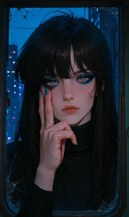 (masterpiece), (best quality), (ultra-detailed), (anime style), solo, portrait, dark hair, lips, seductive, blue eyeliner, beautiful detailed face, sexy woman, night, city background, Semi-realism, 1980s vibe, long hair, gloomy, expressionless, dismal, pale skin, black latex turtleneck sweater, Asian face, luxe eyeliner, drama eyeliner, blue around eyes, gaze, nail polish, one hand on face, looking at viewer, eyes between fingers, crazy gaze, sharp eyes, broken window, broken glass, bleeding hand, visible veins on the hand, tear falls from her eye, hand blood mark on window, indoors, 
