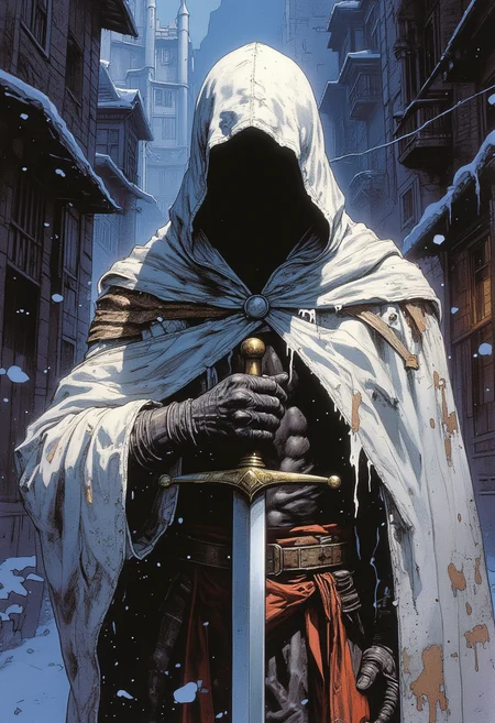 hidden face, mysterious character draped in a tattered white cloak with a hood, standing upright, holding a sliver sword with one hand on the hilt and positioned in front of him, nobility and secrecy, with armor gear visible around the waist. background is dark snowy alley, enigmatic aura of the character. The style is ethereal and artistic, soft lighting and shadows, cinematic warm lighting, mystery, white cloak should have a soft texture, sword should have a shiny metallic sheen.