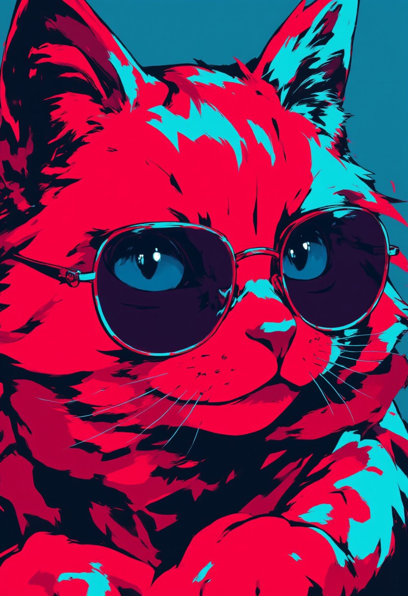 high contrast neon anime style in red and teal, cat with sunglasses