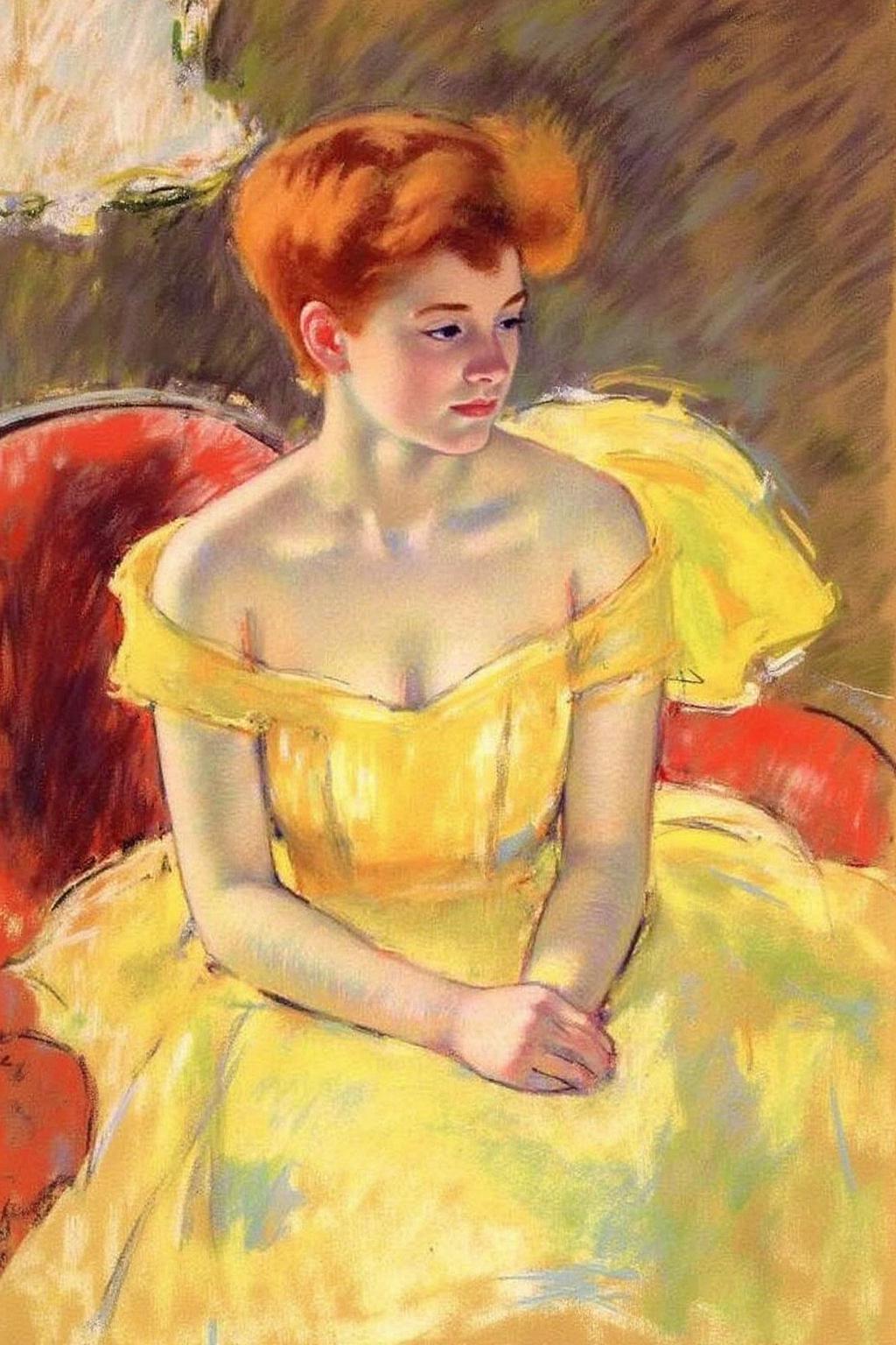 marycassatt2 drawing.
A young woman is shown sitting in an indoor setting with short, fiery red hair. She is in a serene, contemplative pose, looking slightly to her right. She wears a flowing, off-the-shoulder yellow dress that appears to shimmer with light. <lora:marycassatt2_cap_d6a3:1.0><lora:840631731263463625:0>