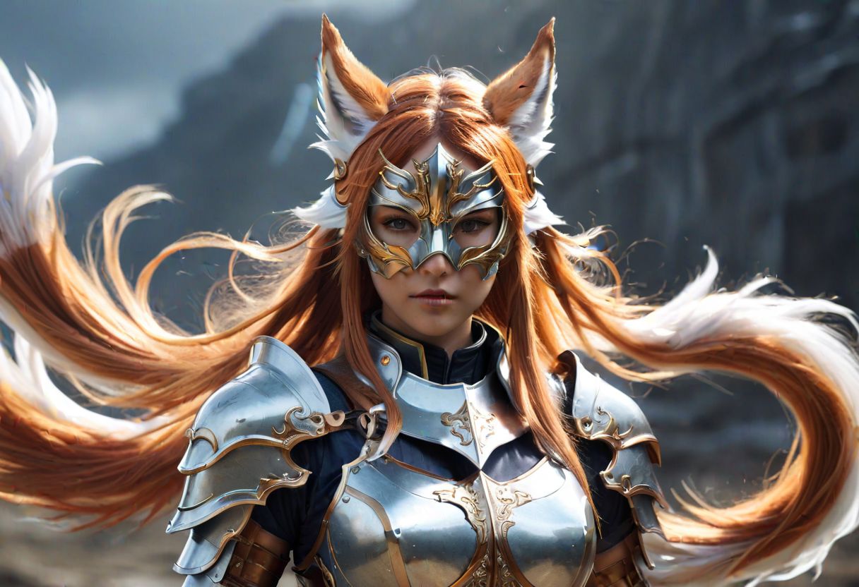 waifu, valkyrie, kitsune, (mystical mask:1.3), (gleaming armor: 1.2), (flowing hair:1.1), (multiple tails:1.2), (windswept battlefield:0.8), dramatic lighting, hyperrealistic