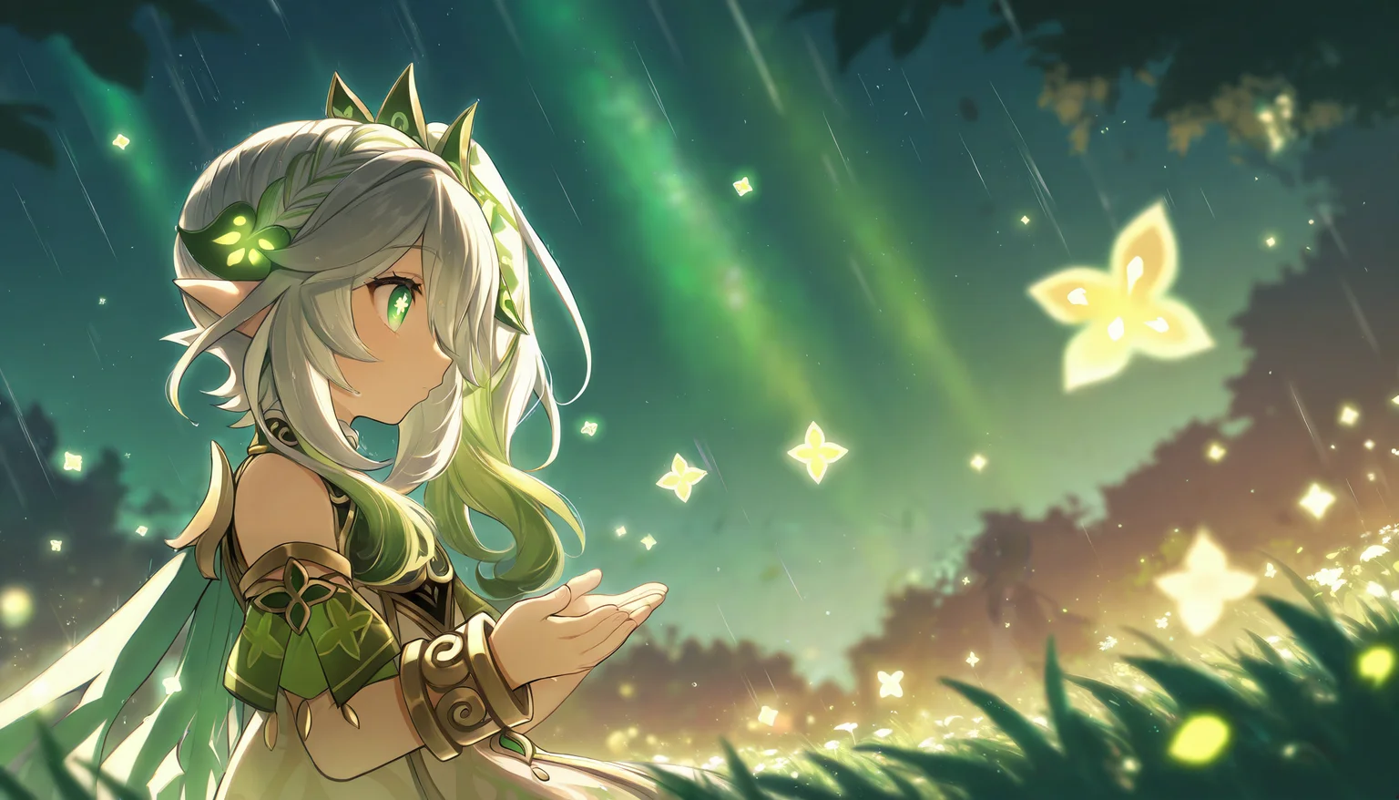 1girl, nahida \(genshin impact\), green eyes, solo, pointy ears, dress, bracelet, long hair, white dress, white hair, multicolored hair, outdoors, jewelry, hair ornament, detached sleeves, gradient hair, leaf hair ornament, from side, green hair, side ponytail, cape, sleeveless dress, ponytail, symbol-shaped pupils, profile, sleeveless, REMEMX