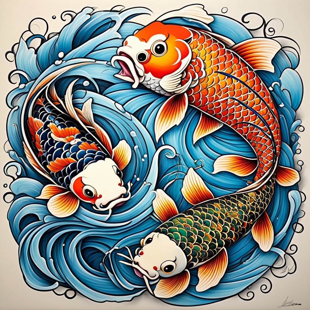 Ed hardy  look alike art, ((( Koi fish))) complete bold art work and characters, solid lines,  easily distinguishable , distinguishable easily witnessed and convincing artwork masterwork, cartoon, illistrations
masterpiece, excellent