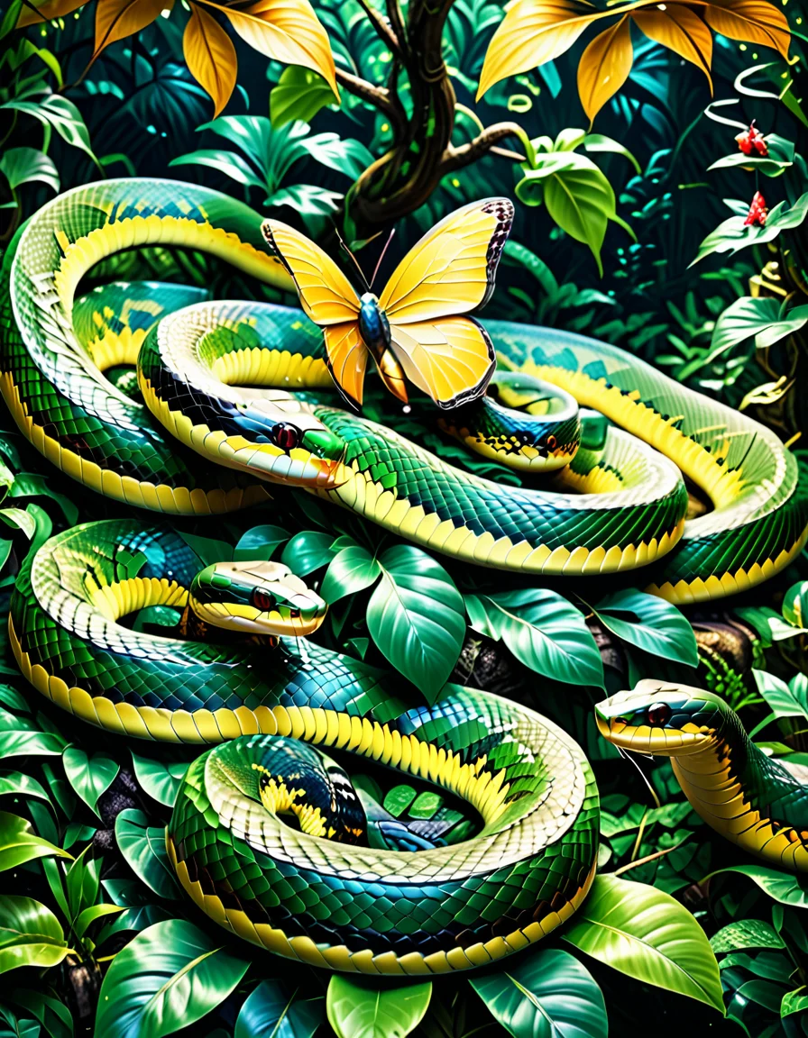 "A surreal landscape where snakes mimic plants, giant pythons forming trees, cobras spread like flowers, their scales glowing like iridescent leaves, hyperdetailed resin textures, photorealistic butterflies landing softly, lush jungle atmosphere, blending awe and unease." <lora:SDXLFaeTastic2400:0.4> <lora:extremely_detailed:0.4> extremely detailed, <lora:sn4ke:1>,sn4ke, Masterpiece,best quality,hi res,8k,hi res,8k,award winning,(sharp focus, intricate, highly detailed),