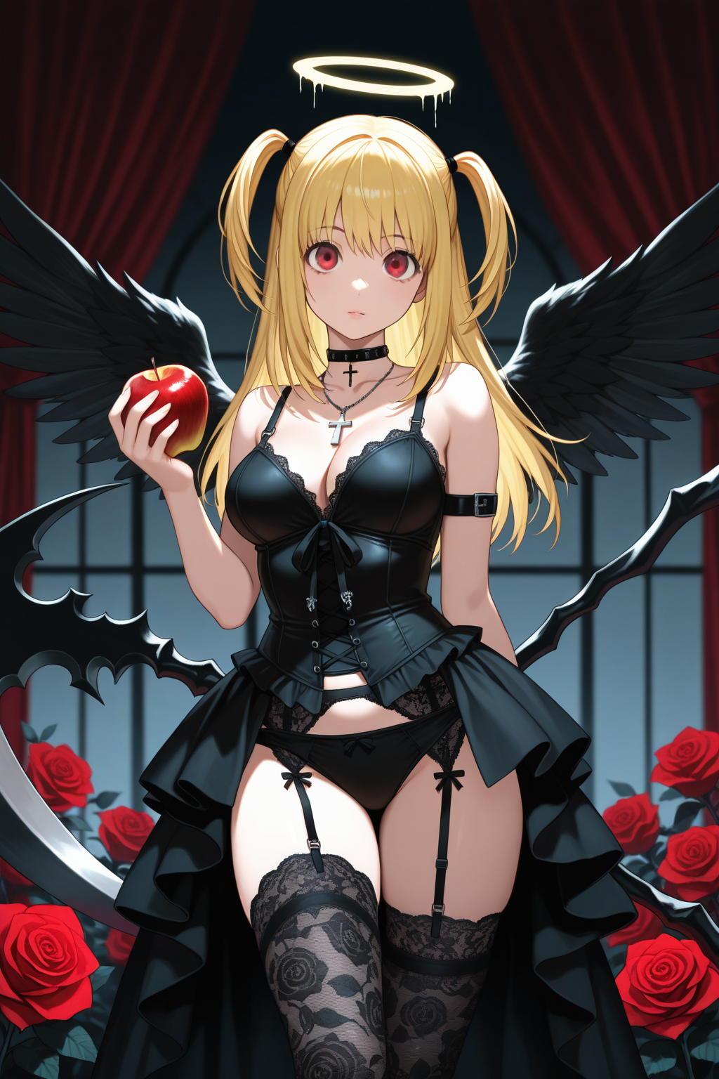 amane misa, 1girl, apple, black ribbon, black wings, blonde hair, breasts, choker, cleavage, cross, cross necklace, death note \(object\), flower, food, fruit, garter belt, goth fashion, halo, holding, holding food, holding fruit, holding scythe, jewelry, lace, lace thighhighs, long hair, looking at viewer, necklace, red eyes, ribbon, rose, scythe, thighhighs, two side up, wings, masterpiece, best quality, very aesthetic