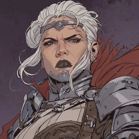 score_9, score_8_up, score_8_up, absurd res, 8k scale textures, nsfw, beautiful scene, artistically shaded and colored, a drow girl in a castle, highly detailed, g0thicPXL,silver gambeson leotard, gauntlets, skulls, toned body, circlet, belt, thigh band, dark fantasy, busty, spot color, angry face, ink texture, white hair, dark, black lips, face guard, cape, dark shadows, close up, detailed background
