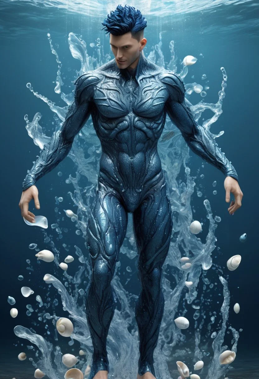 Male Humanoid Water, Handsome face, Human body, Dark Blue hair, blue eyes, (shells covering the body) Dynamic Pose, (Masterpiece, Best Quality, Highly Detailed ,4k, HD, 3D, Awesome Image), (Water), ((More Detail and Aspect in picture, combination of water and sea creature element)). Full Body Image,