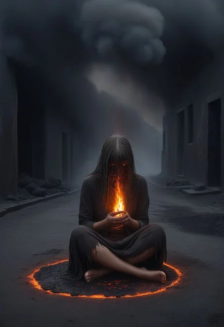 ((image of a lonely young girl sitting in a dark street realm)),hair covering face,ragged clothes,(feet covered in ash),ash falling from the skies,dark background,emptiness,,seen from far away,(fire circle in background with dripping lava),(fire on her hands),dim fire circle around her hands,deep darkness,hopeless