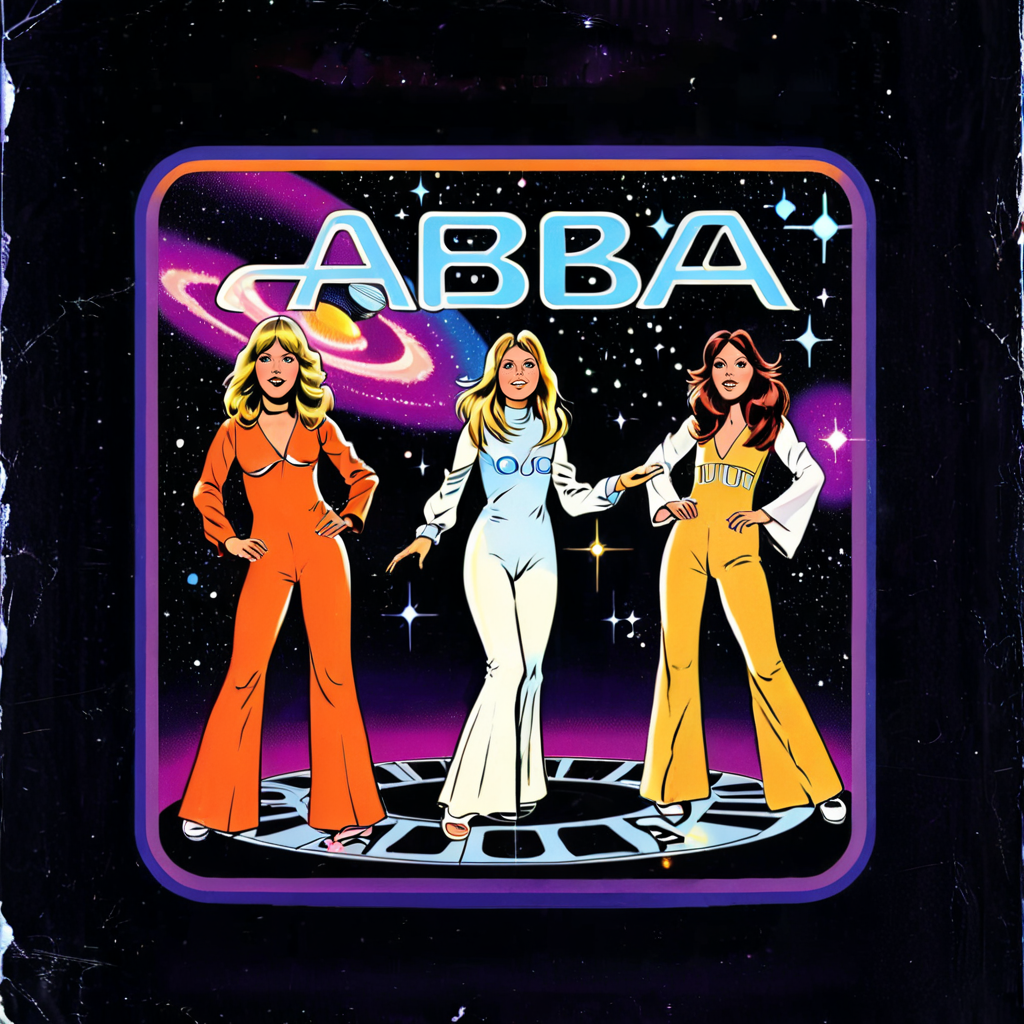 1970s disco album cover, (letters "ABBA":1.2), 1970s girls, far space, nebula, in the style of steven-rhodes, Retro Illustration Style, <lora:steven-rhodes-sdxl-v1-000046:1>