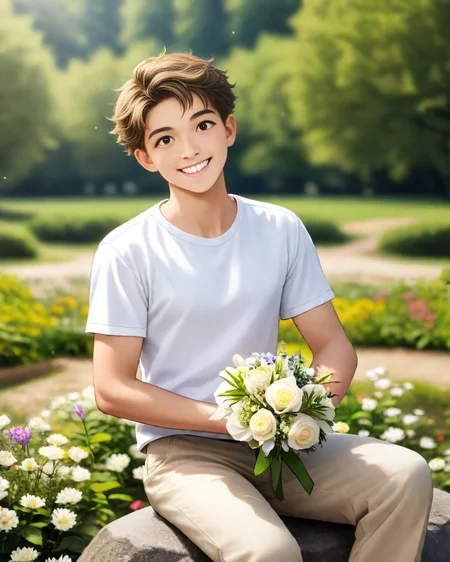 masterpiece, best quality, amazing quality, 1boy, solo, masterpiece, best quality, young man sitting on a rock, relaxed posture, casual outfit (beige jacket, white t-shirt, beige trousers), short dark hair, holding a small bouquet of flowers, slight smile, looking at the camera, outdoor setting, blurred background with architecture, candid lifestyle photography, shallow depth of field, bright and even lighting, sunny day, volumetric lighting, <lora:Bree_Style-000019:0.6>, breeze style