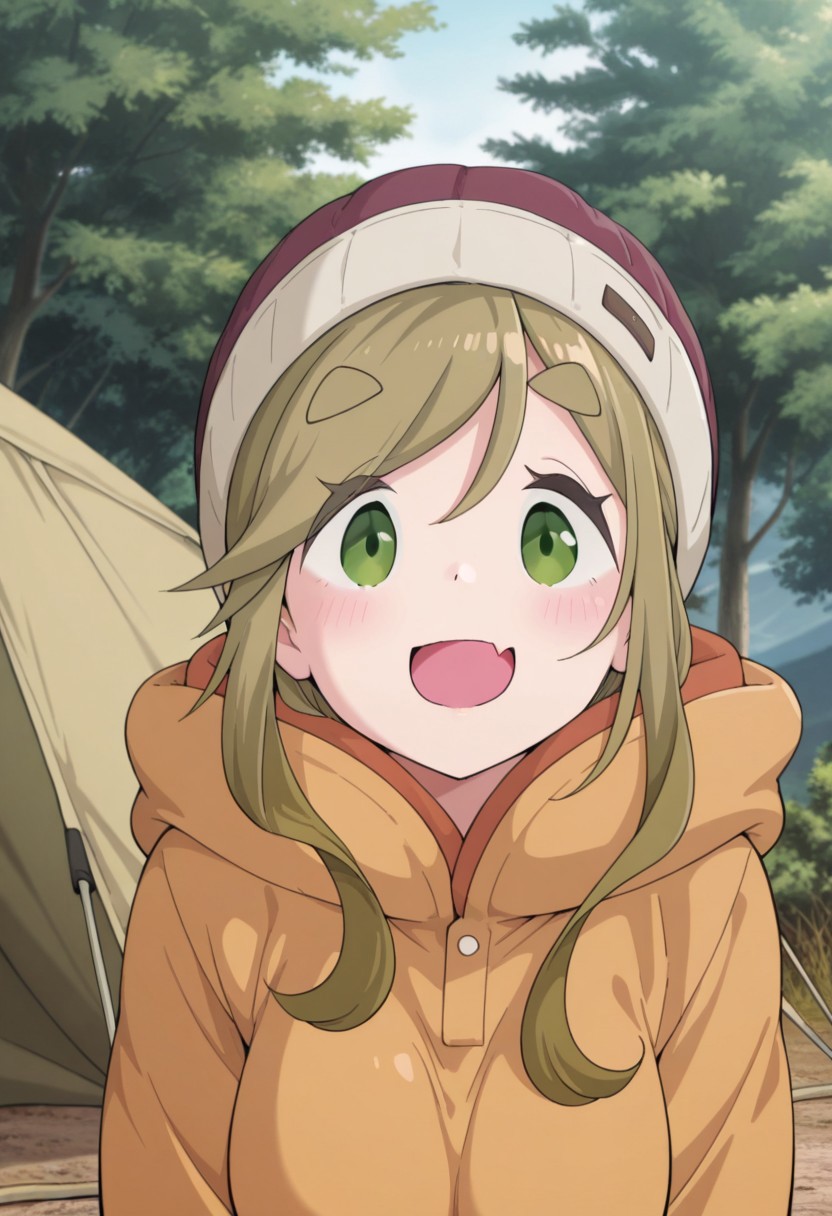 masterpiece,best quality,amazing quality,inuyama aoi, brown hair, green eyes, long hair, 1girl, solo, tent, beanie, fang, smile, outdoors, open mouth, skin fang, thick eyebrows, hat, :d, tree, day