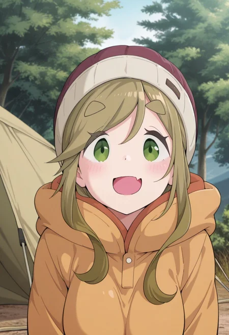 masterpiece,best quality,amazing quality,inuyama aoi, brown hair, green eyes, long hair, 1girl, solo, tent, beanie, fang, smile, outdoors, open mouth, skin fang, thick eyebrows, hat, :d, tree, day