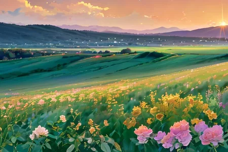 green plain, sunset, golden hour, landscape, ultra detailed, flowers,
