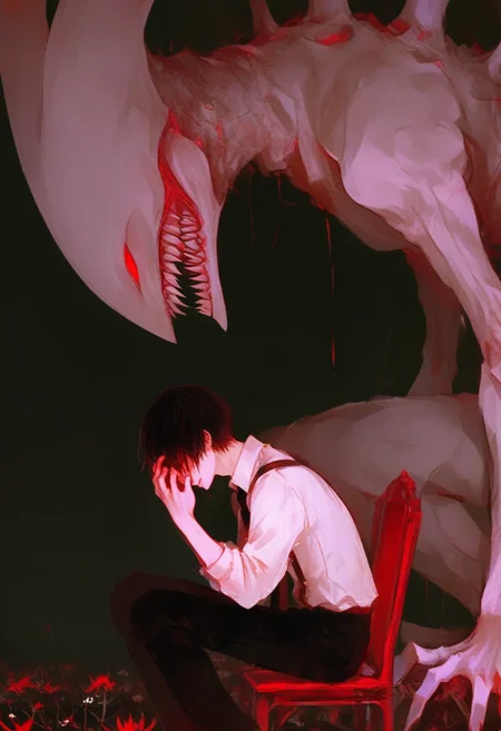 sitting, black pants, shirt, pants, teeth, white shirt, chair, 1boy, short hair, blood, red eyes, sharp teeth, black necktie, monster, male focus, flower, glowing, necktie, black hair, dark background, collared shirt, black background, from side <lora:748cmXL_NB11_lokr_V6311P:0.95>
