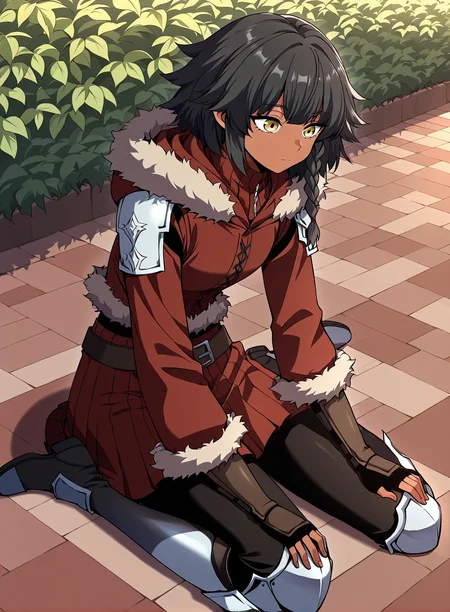 <lora:Mica_Earthborn__The_Beginning_After_the_End__Illustrious:1>
1 girl, solo, dark skin, golden eyes, short black hair, uneven bangs, side braid, layered hair, messy hairstyle,
Mica_Earthborn_winter, red winter outfit, fur-trimmed coat, brown fur accents, high collar, long sleeves, leather belt, armored boots, arm guards, pleated skirt, layered outfit
score_9, score_8_up, score_7_up, masterpiece, best quality, absurdres, perfect anatomy, 1girl, solo, wariza, sitting, hands on own knees, garden background