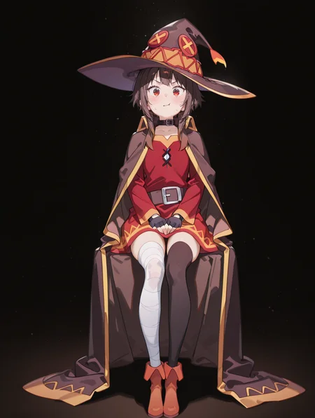 perfect quality,high quality,masterpiece,best quality,amazing quality,very aesthetic,absurdres,newest,
front view,full_shot,Sneer,
meguminCYQL,1girl,solo,hat,witch hat,brown hair,short hair,bangs,short hair with long locks,red eyes,collar,choker,cape,black cape,dress,red dress,long sleeves,gloves,black gloves,fingerless gloves,belt,thighhighs,black thighhighs,bandages,bandaged leg,asymmetrical legwear,boots,
full body,standing,hands_on_lap,,
mediumturquoise background,simple background,
<lora:USNR STYLE_XL_loha:0.2>,usnr,<lora:suzukasuraimuILL:0.5>,<lora:illustrious_all_rated_v1:0.8>,<lora:Artist_style_Rella_-_Illustrious-XL_r1:0.2>,<lora:reij-rt:1>,suzukasuraimu,rella,<lora:CUTE2712_Illustrious by Cyql:1>,CUTE2712,<lora:Megumin_Illustrious by Cyql:1>,