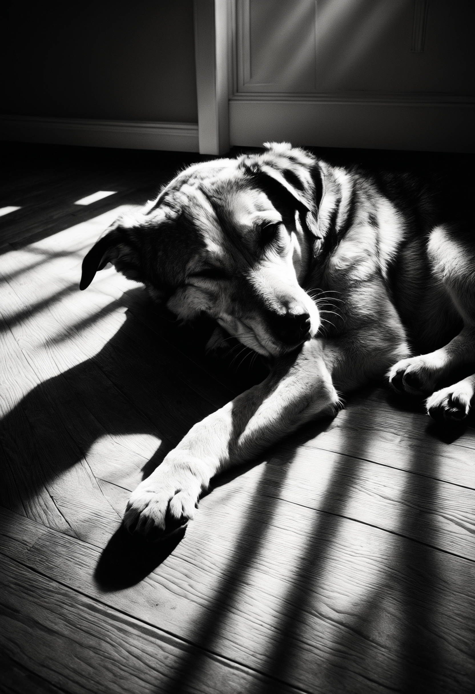 casting shadow style closeup photo of a mix-breed dog sleeping on the hardwood floor of an apartment with (shadows over his face:1.2), cucoloris patterned illumination, shallow depth of field, highly detailed, high budget, bokeh, cinemascope, moody, film grain, artistic photo, award winning photo, black and white photo
<lora:grainy-v1:0.8>