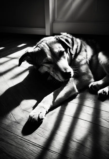 casting shadow style closeup photo of a mix-breed dog sleeping on the hardwood floor of an apartment with (shadows over his face:1.2), cucoloris patterned illumination, shallow depth of field, highly detailed, high budget, bokeh, cinemascope, moody, film grain, artistic photo, award winning photo, black and white photo
<lora:grainy-v1:0.8>