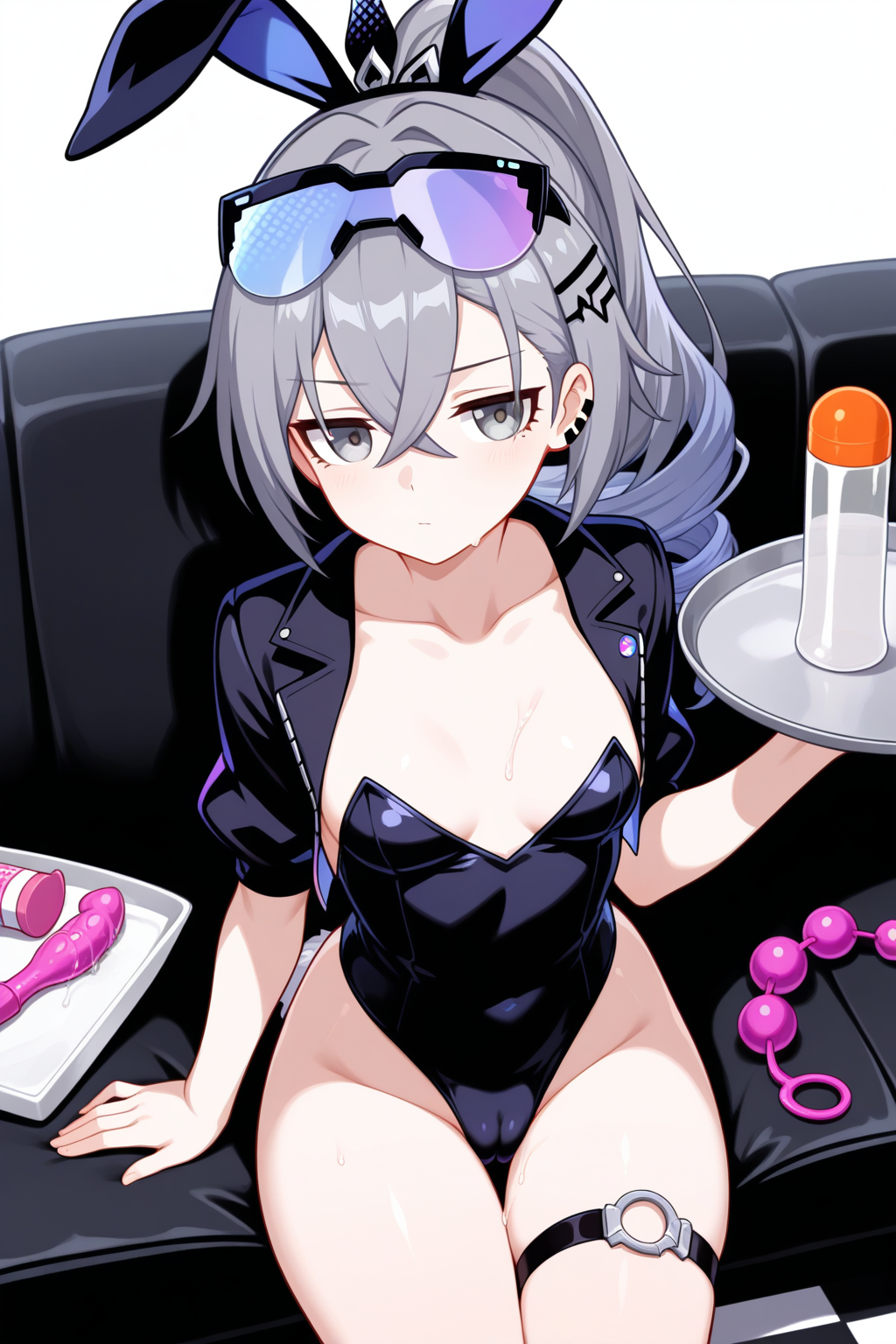 masterpiece, best quality, amazing quality, silver wolf \(honkai: star rail\), 1girl, anal beads, anal tail, animal ear hairband, animal ears, black leotard, bottle, breasts, cameltoe, checkered floor, collarbone, couch, cowboy shot, cropped jacket, crossed bangs, earrings, fake animal ears, fake tail, goggles, goggles on head, grey eyes, grey hair, hairband, holding, holding tray, jewelry, leotard, lotion bottle, lube, playboy bunny, ponytail, rabbit ear hairband, rabbit ears, sex toy, small breasts, solo, tail, thigh strap, thighs, tray