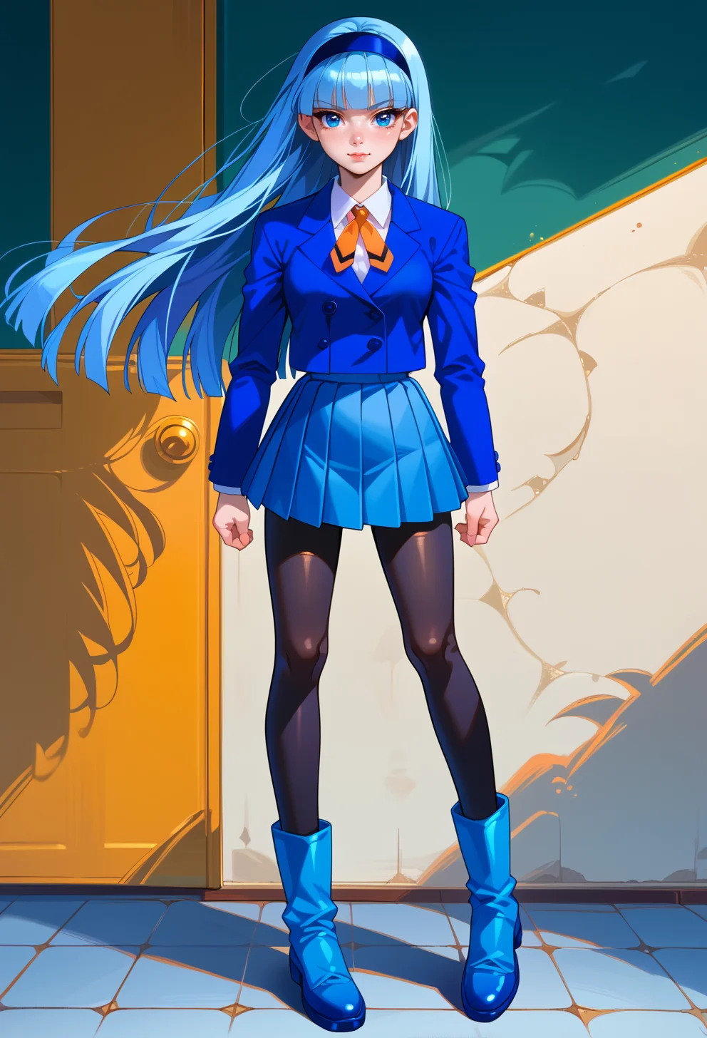 score_9, score_7_up, source_anime, standing, light smile, solo, full body,  BREAK
AEUmiDef, blue eyes, blue hair, blunt bangs, long hair, hairband, school uniform, blazer, blue jacket, long sleeves, collared shirt, orange ribbon, white shirt, blue skirt, pleated skirt, black pantyhose, blue footwear, boots, <lora:AEUmi-000009:0.9>