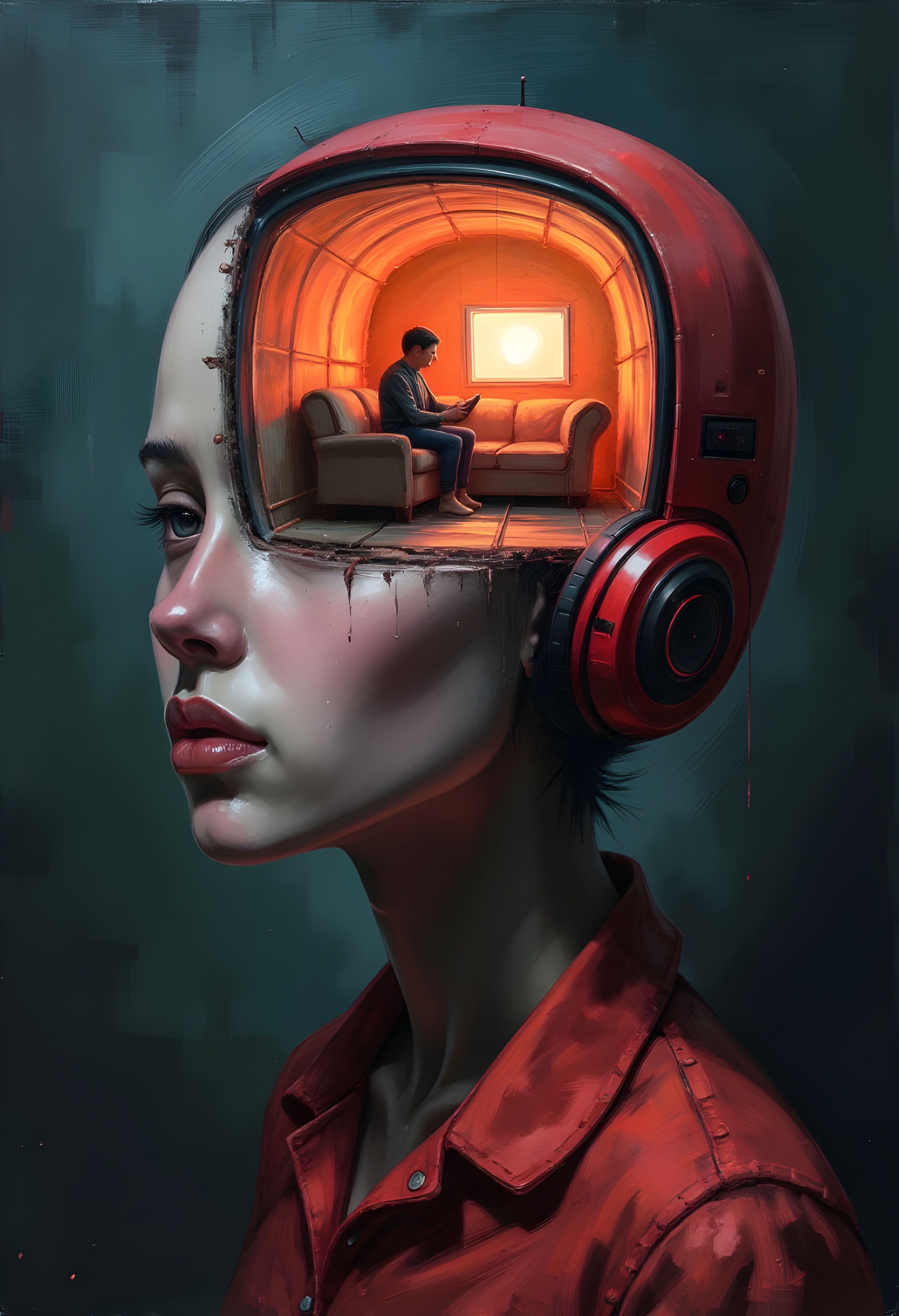 cinna flow, A painting of a persons head which is opened up halfway like a hatch, with a miniature person inside their head sitting on a couch watching television, hard edge painting