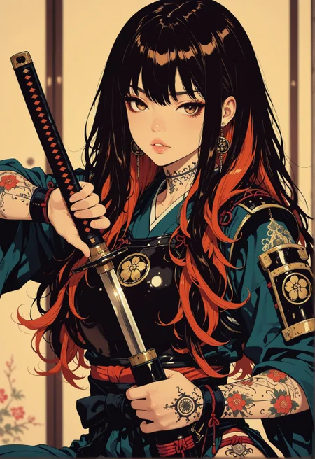 <lora:ck-shadow-circuit-IL:0.65>, 
masterpiece, best quality, good quality, very aesthetic, absurdres, newest, 8K, depth of field, focused subject, 
 sexy, erotic japanese female warrior, parted lips, cross_draw, katana, sword_draw, iaido, one_hand_on_sheath, unsheathing, dramatic pose, traditional japanese art style, wabi-sabi, henna and carmine, sepia
 <lora:MoriiMee_Gothic_Niji_Style_Illustrious_r1:0.50> 
<lora:ck-nc-cyberpunk-IL-000011:0.7>
 <lora:ck-neon-retrowave-IL:0.2>