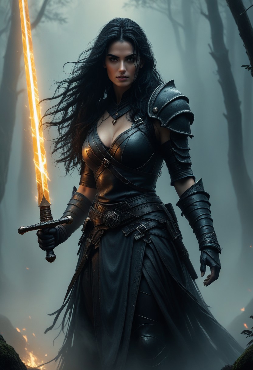 nighttime,  pale woman, cosplay, dynamic pose, with long black hair, leather armour, standing next to a large dark Warrior , chiaroscuro shadows from flickering flames, hyperreal skin textures, mist curls around her hand holding a sword, swirling fog and motion blur suggest motion, detailed face, reflections, dark mythical drawing, hyperdetailed realism,Art by Boris Vallejo, Dark Cinematic Film Style, in a dark mountain forrest
