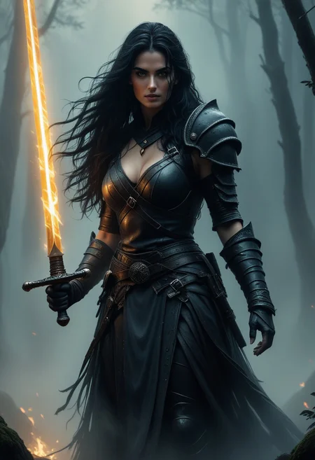 nighttime, pale woman, cosplay, dynamic pose, with long black hair, leather armour, standing next to a large dark Warrior , chiaroscuro shadows from flickering flames, hyperreal skin textures, mist curls around her hand holding a sword, swirling fog and motion blur suggest motion, detailed face, reflections, dark mythical drawing, hyperdetailed realism,Art by Boris Vallejo, Dark Cinematic Film Style, in a dark mountain forrest