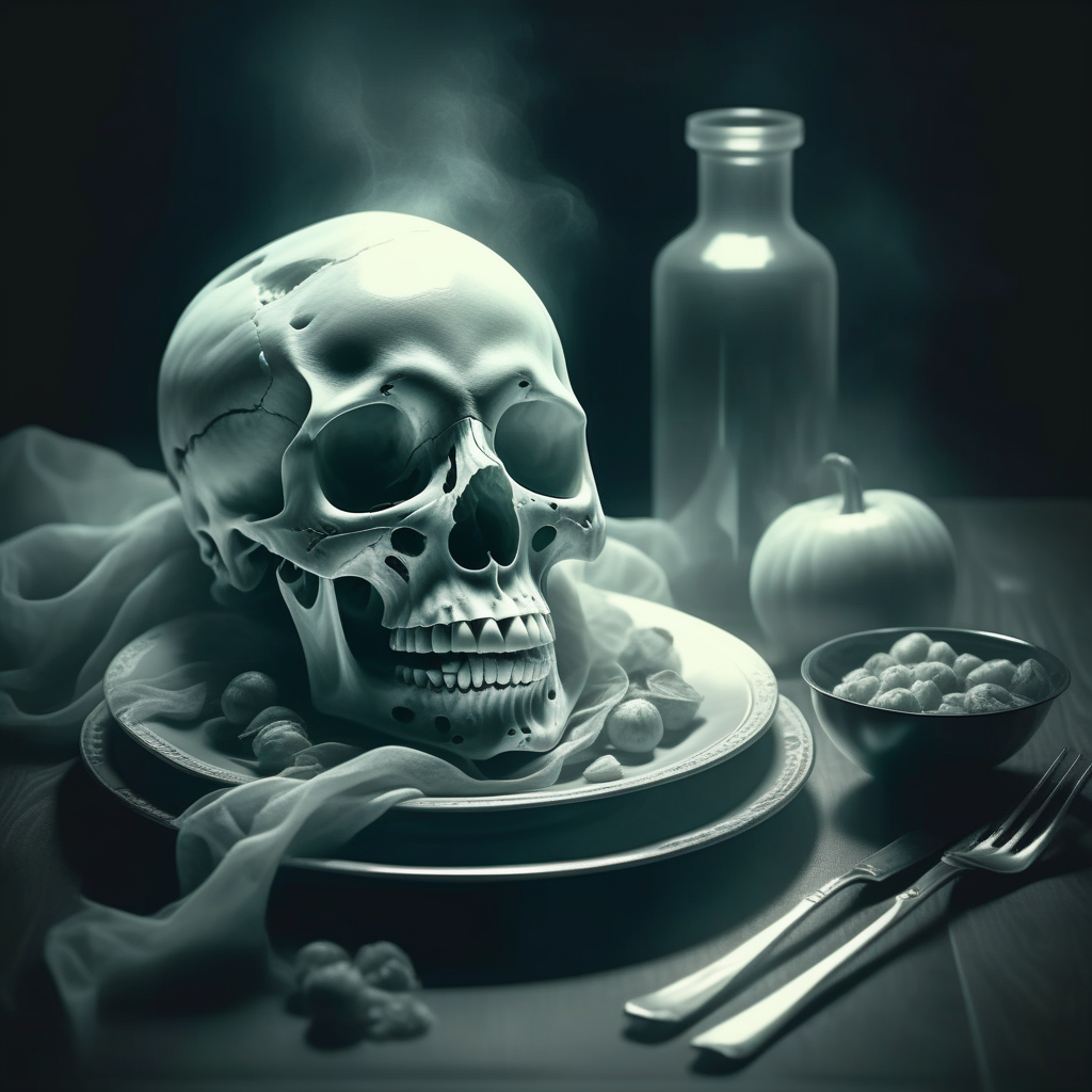 mentixis human skull on the table with food, dark enigmatic atmosphere <lora:mentixis:1>