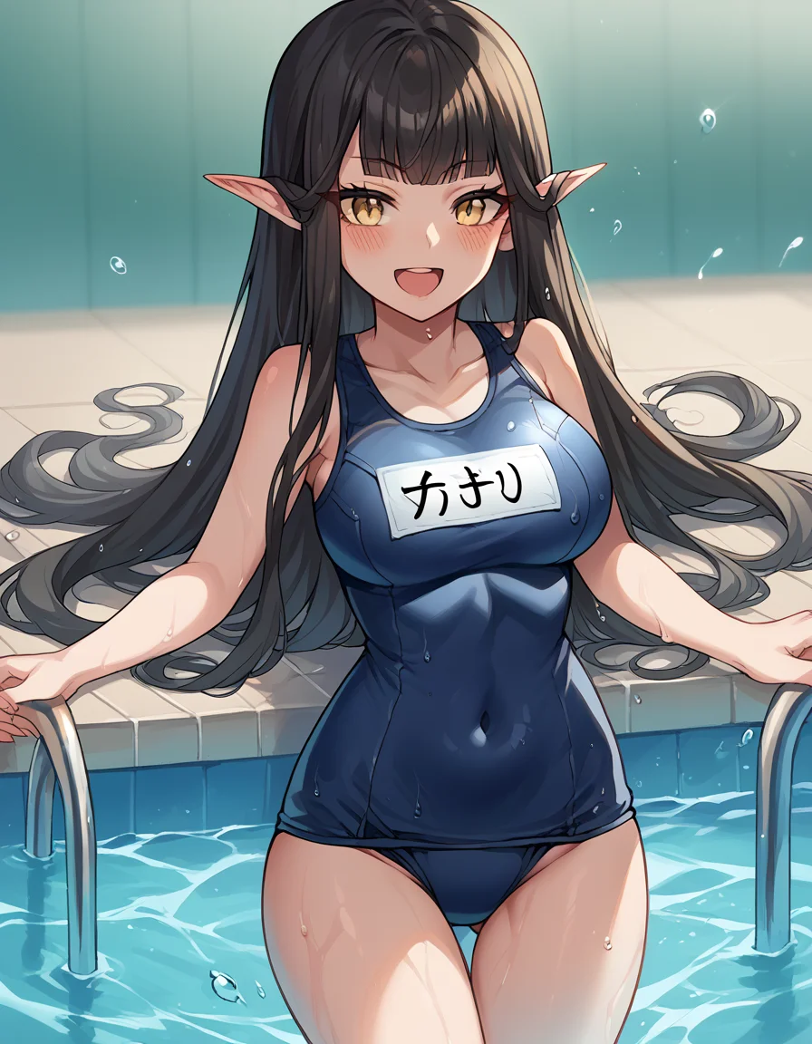 score_9, score_8_up, score_7_up, source_anime, <lora:fgo-semiramis-ponyxl-lora-nochekaiser:1>, semiramis, black hair, blunt bangs, long hair, pointy ears, sidelocks, yellow eyes, large breasts,, <lora:old-school-swimsuit-ponyxl-lora-nochekaiser:1>, old school swimsuit, school swimsuit, blue one-piece swimsuit, one-piece swimsuit, name tag, swimsuit, covered navel, wet swimsuit, collarbone,, poolside, pool, splashing, smile, open mouth, blush,, , cowboy shot, dutch angle