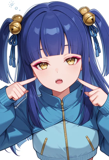Smooth Quality,masterpiece,very intricate, high quality details, ultra realistic, high detailed skin,detailed enviorement,absurdres,
pointing at self,
 <lora:Ranran_CNR:0.8> ranran_cnr,1girl, blue hair, long hair, two side up, blunt bangs, yellow eyes, fangs, hair ornament, hair bell,hair ribbon, hair bobbles,makeup,, sleepy,, simple background, white background, dynamic angle,solo,, cropped jacket, ,pullover,,hot pants, ,