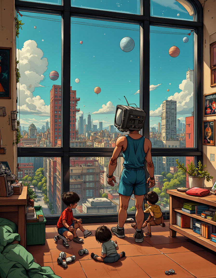 Meet RONiN,an animated Hispanic young male with a retro TV for a head. He's equipped with cybernetic gear and gadgets that make him the badass he is today.   As you look out from the top of a skyscraper,you can see it all: the city below,the stars above,and everything in between. RONiN's favorite view is a far-reaching one,taking in the entire galaxy and beyond.   In his playroom,RONiN has set up a space station,complete with a cowboy bebop galaxy space planet poster hanging on the wall. The floor is made of polished metal,and there are robots playing with kids just like yours. The decor is stencil-like,adding to the playful and colorful atmosphere.   The colors used in this world are earthy,evoking a sense of growth and stability. RONiN's cyborg body may be tough,but his heart is soft,and he loves to have fun.   From the 1970s to present day,this world has been living on the edge of dieselpunk,pushing the boundaries of what's possible with every step. Step into RONiN's world and experience a new kind of adventure.,<lora:Architectural_Sketching:1>,