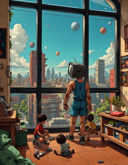 Meet RONiN,an animated Hispanic young male with a retro TV for a head. He's equipped with cybernetic gear and gadgets that make him the badass he is today.   As you look out from the top of a skyscraper,you can see it all: the city below,the stars above,and everything in between. RONiN's favorite view is a far-reaching one,taking in the entire galaxy and beyond.   In his playroom,RONiN has set up a space station,complete with a cowboy bebop galaxy space planet poster hanging on the wall. The floor is made of polished metal,and there are robots playing with kids just like yours. The decor is stencil-like,adding to the playful and colorful atmosphere.   The colors used in this world are earthy,evoking a sense of growth and stability. RONiN's cyborg body may be tough,but his heart is soft,and he loves to have fun.   From the 1970s to present day,this world has been living on the edge of dieselpunk,pushing the boundaries of what's possible with every step. Step into RONiN's world and experience a new kind of adventure.,<lora:Architectural_Sketching:1>,