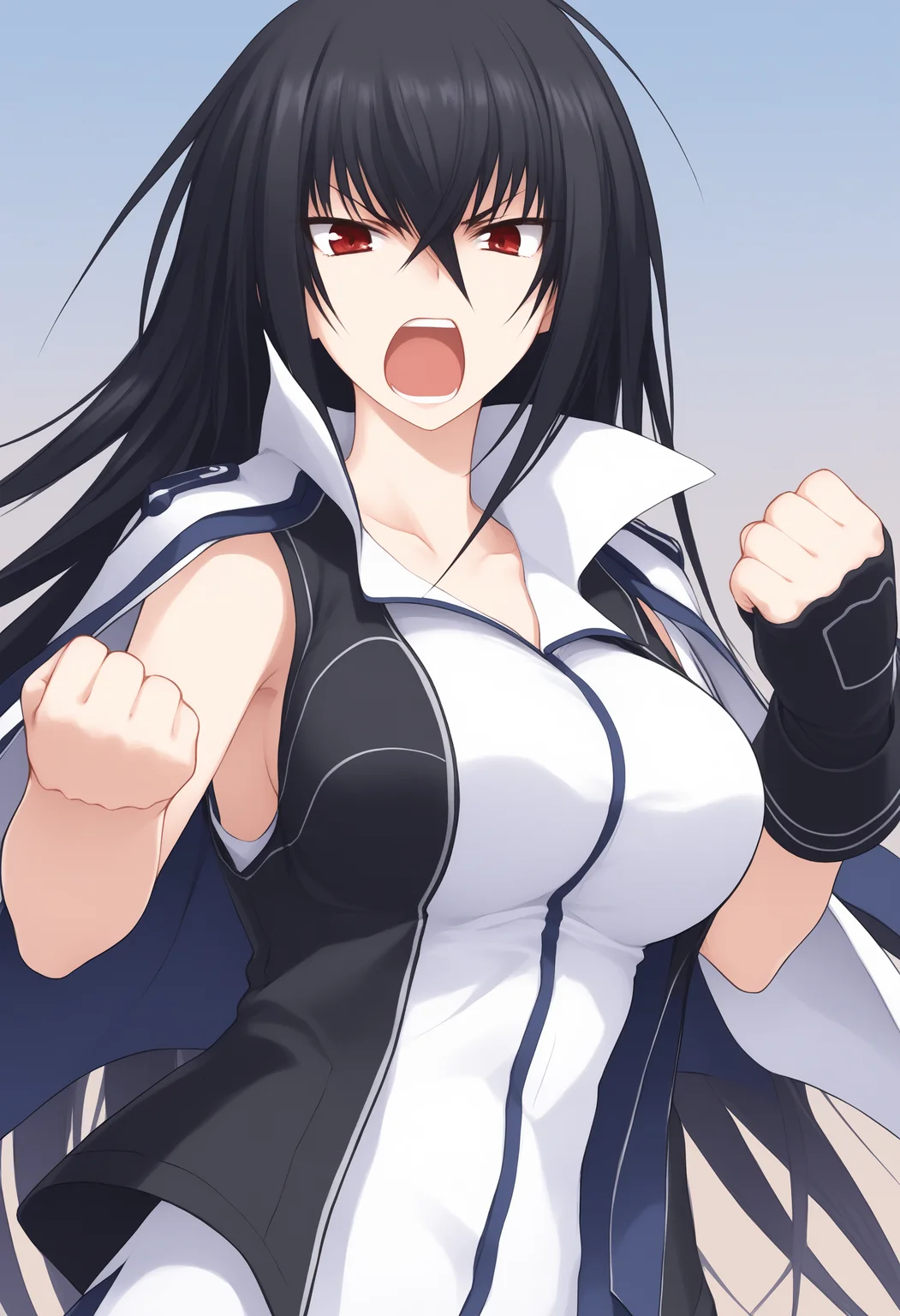 black hair, long hair, score_9, KawaMomo, Kawakami, 1girl, solo, red eyes, open mouth, breasts, jacket, large breasts, clenched hand, black jacket on shoulders, hair between eyes, military, collarbone, upper body, looking at viewer, sleeveless, angry, <lora:Momo_Kawa_V1:1>