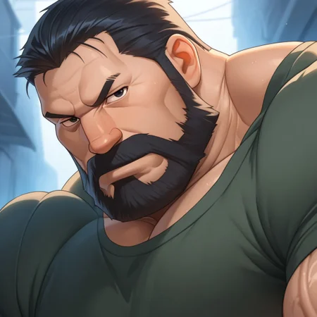 source_anime, detailed background, (score_9, score_8_up, score_7_up), zoroj, masterpiece, best quality, high quality, ultra detailed, highly detailed, high detail, artistic lighting, (highly detailed face, (perfect face, perfect eyes)), depth of field, perfect soft lighting, best shadows, perfect reflections, volumetric, detailed image, high resolution, defined faces, sharp definition, great lighting,
solo, 1boy, male focus, Sig Curtis, short hair, black hair, black eyes, facial hair, beard, green shirt, musclebears, muscular male, bara, hyper muscles, veiny muscles,
alley, (close-up shot), looking at viewer,