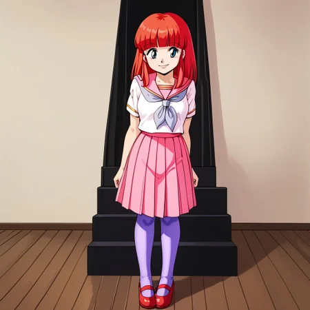 retro artstyle, 1980s (style), 1girl, solo, Mai, blue eyes, red hair, long hair, bangs, blunt bangs, school uniform, serafuku, sailor collar, pink sailor collar, shirt, white shirt, short sleeves, pantyhose, purple pantyhose, skirt, pleated skirt, long skirt, red skirt, shoes, mary janes, smile, full body, standing, saloon, front view