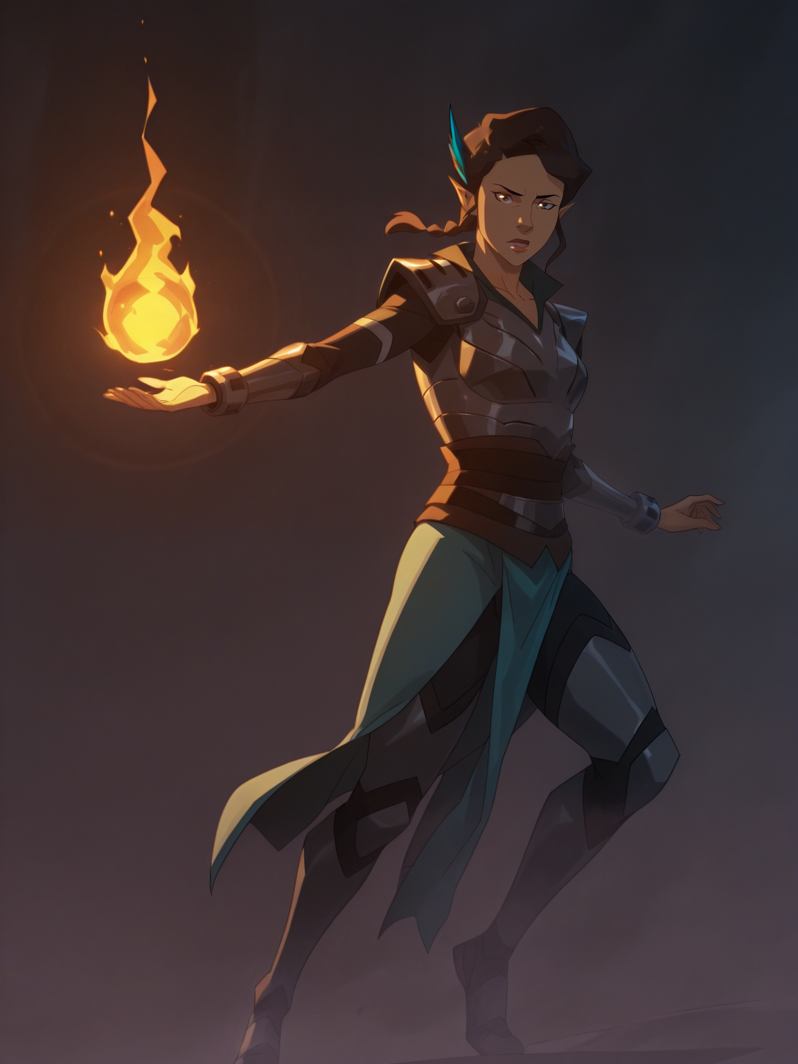 <lora:VexIL:1> ve_x, 1girl, half-elf, elf ears, brown hair, braid hair, brown eyes, blue feather in hair,
magic, magic robe, steel armor,glowing liens, fireball, action, full body, glowing background, magic background