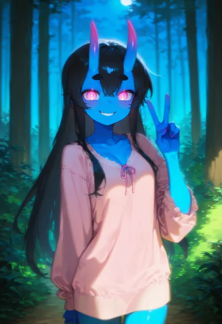 score_9_up, masterpiece, best quality, amazing quality, very aesthetic, 1girl, solo girl, wallpaper, 1girl, solo girl, posing in casual clothes, cowboy shot, lush forest, night,
BREAK <lora:Kuroni_Black_Pony:1> Kuroni Black, colored skin, deep blue skin, Aka-Oni, oni girl, straight horns, black hair, long hair, pink eyes , glowing eyes, short thick eyebrows, (((adult))), making a peace sign, brave smile, looking at viewer,