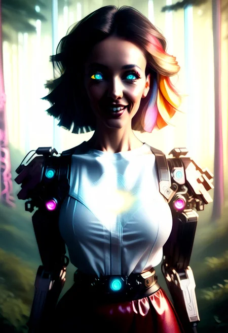 CyberpunkWorld, Realism_Quality_2xx_By_Stable_Yogi, score_9, score_8_up, score_7_up, score_6_up, score_5_up, score_4_up, solo, low angle picture, low angle, 1female, 34 years old, beautiful, cute face, tall female, mature female, curvy, Masterpiece, 32k, photorealistic:1.4, small waist, wide hips, high cheekbones, oval face, seductive, happy, horny, gentle smile, supermodel, detailed scenery, wide view, mature female, big eyes, glowing eyes, bright blue eyes, solo, mature female, Older woman, leaning forward, teasing, auntsujeong, 1girl, mature female, Expressiveh, solo, open mouth, smile, shirt, upper body, light blue shirt, golden buttons, short skirt, leather skirt, red skirt, looking at viewer, good anatomy, front view, long sleeves, puffy sleeves, thick thighs, upper body, Older woman, fully dressed, (mechanical cyberpunk style colorful glowing forest:2)