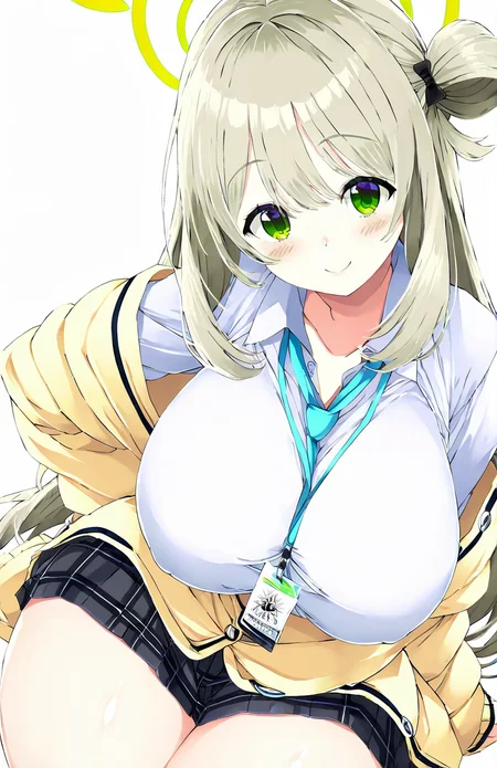 1girl,nonomi \(blue archive\),school uniform,huge breasts,thick thighs,tirotata,masterpiece, best quality, very aesthetic, absurdres,,simple background, solo, virtual youtuber, looking at viewer,upper body,, <lora:tirotata body-NAI:0.8>