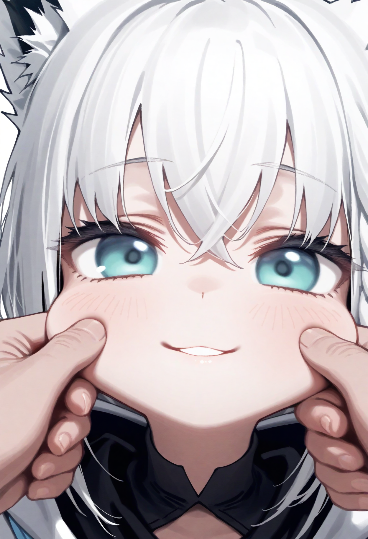 nikukyu,
shirakami fubuki, shirakami fubuki \(1st costume\), 1girl, :3, ahoge, animal ears, blue eyes, blush, cheek pinching, close-up, crossed bangs, fox ears, fox girl, hair between eyes, looking at viewer, pinching, pov, pov hands, solo, virtual youtuber, white hair, upper teeth only, teeth, smile,
, masterpiece, best quality, good quality,
<lora:ai_styles_collection_noob_v29_v5:1>