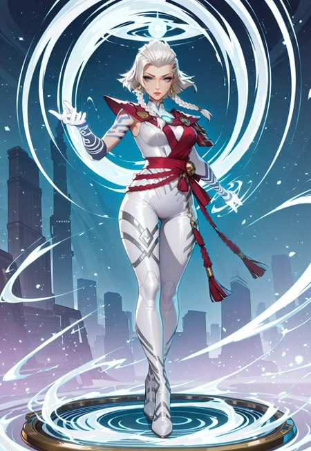 masterpiece, best quality, amazing quality, very aesthetic, absurdres, intricate details, 4k, semi realistic, cartoon, fantasy, energy around, aura, wind powers, dynamic pose, serene pose, score_9, score_8_up, score_7_up, score_6_up, score_5_up, masterpiece, best quality, tall female, 21 years old, quality, full body, newest, <lora:AMarvelRivals_style:1> marvelrivals, cartoon. A calm, graceful woman stands with an air of serenity, her presence as light as the breeze that follows her. Her eyes, a piercing ice-blue, hold the wisdom of the wind, ever-shifting and free. Intricate wind-touched white and sky-blue tattoos swirl across her upper arm and face, glowing faintly when she channels her power. Every step she takes is weightless, as though the earth barely holds her down. She descends from the heavens, clad in armor that glows with an ethereal light, radiating the power of the skies. The sleek, form-fitting plates shimmer in a faint silver-blue hue, seemingly woven from the very essence of a storm. Winged pauldrons rest upon her shoulders, shaped like curling gusts. A flowing sash, translucent like mist, dances around her waist, never still. Her long silver-white hair is bound in intricate braids, though stray locks whip around her face in the ever-present wind. Her piercing ice-blue eyes shine with celestial purpose, and with every motion, the air hums in reverence, bending to her will.