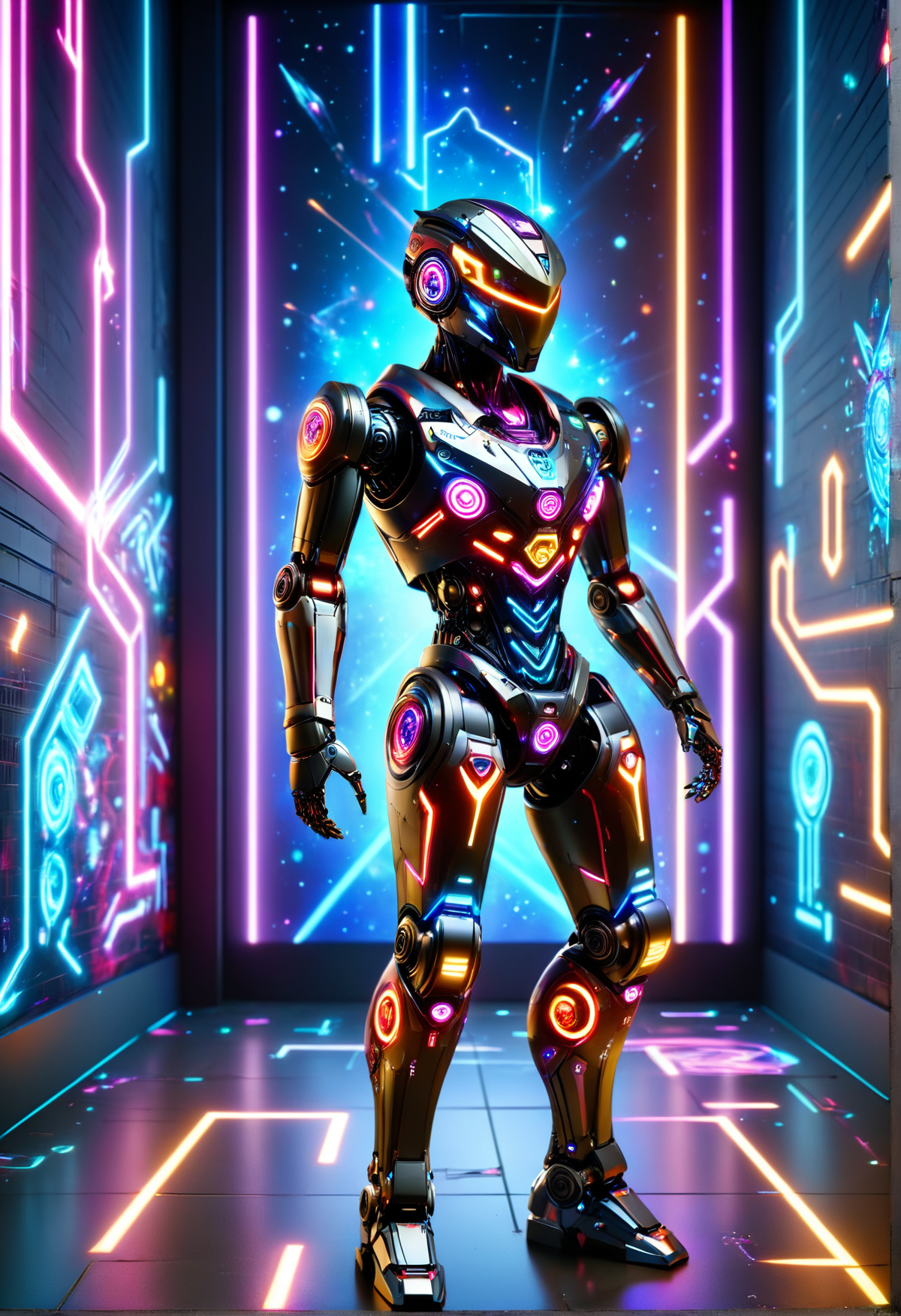 made out of robotlora ral-gamingrig, wall Graffiti, Anime, knee level shot of a (robot:1.1) with Tattersall skin, it is [Shaky|Kintsugi], Stars in the sky, equirectangular 360, Guilty, 800mm lens, Vibrant Color, <lora:Robot_SDXL:0.5> <lora:ral-gamingrig-sdxl:0.7>, romantic, ambient light, ambient atmosphere, stunning, highly color focused