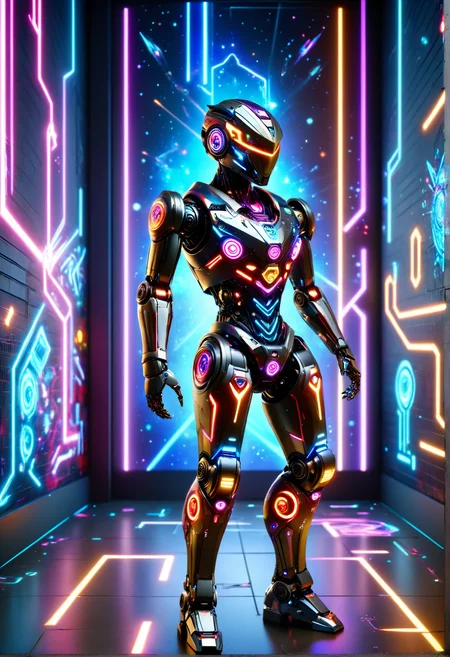 made out of robotlora ral-gamingrig, wall Graffiti, Anime, knee level shot of a (robot:1.1) with Tattersall skin, it is [Shaky|Kintsugi], Stars in the sky, equirectangular 360, Guilty, 800mm lens, Vibrant Color, <lora:Robot_SDXL:0.5> <lora:ral-gamingrig-sdxl:0.7>, romantic, ambient light, ambient atmosphere, stunning, highly color focused